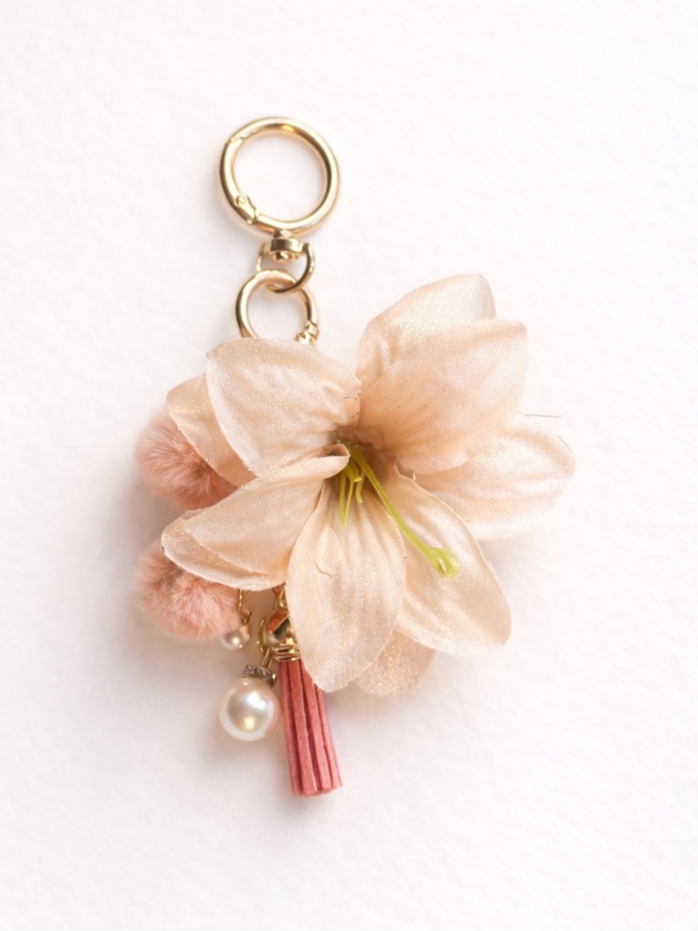 BN Handmade Unique Peach Statement Floral, Pom, Pearls, Bag Charm Accessory